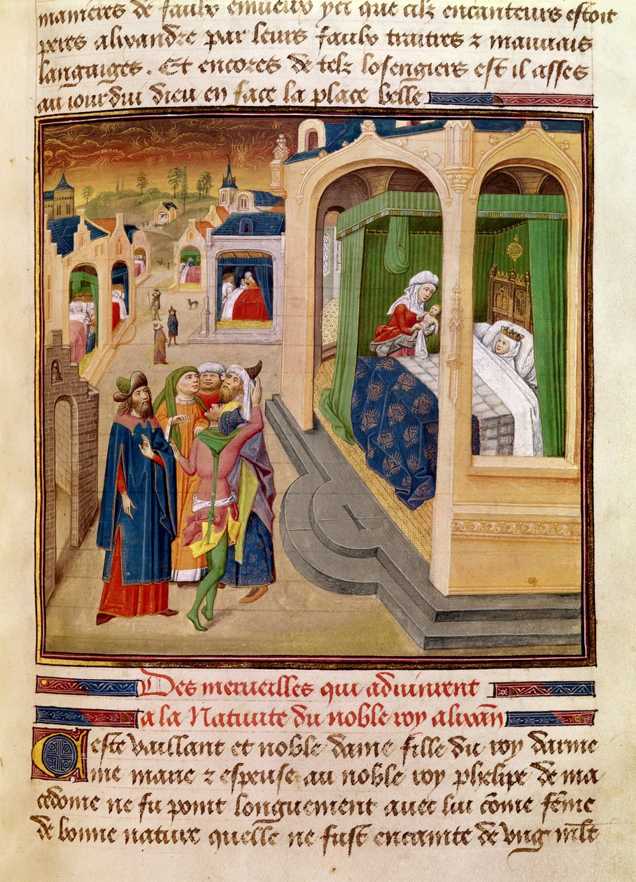 Fol.10r अलेक्जेंडर द ग्रेट (356-323 ईसा पूर्व) के जन्म पर हुए चमत्कार, जीन वौक्कलिन की एक पुस्तक से चित्रण, हिस्टॉयर डु ग्रैंड एलेक्जेंडर 1460 से द्वारा फ्रेंच स्कूल