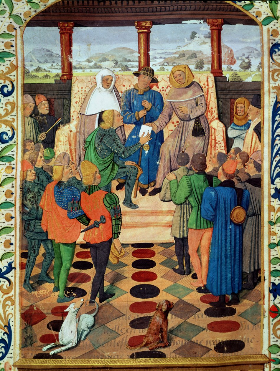 Fol.185v चार्ल्स VII (1403-61) ने जीन ऑफ ब्यूइल (1405-78) द्वारा ले जौवेनसेल से जोन ऑफ आर्क (1412-31) को एक दस्तावेज दिया। द्वारा फ्रेंच स्कूल