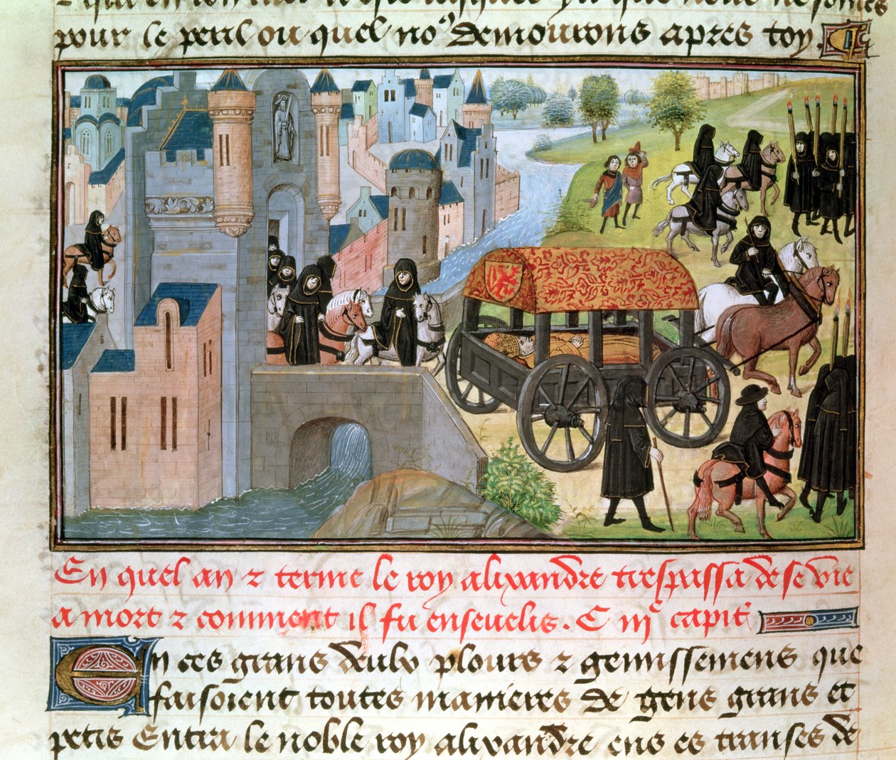 Fol.305v कैसे अलेक्जेंडर द ग्रेट (356-323 ईसा पूर्व) पास और दूर था, जीन वौक्कलिन की पांडुलिपि से, हिस्टॉयर डु ग्रैंड एलेक्जेंडर, 1460 से द्वारा फ्रेंच स्कूल