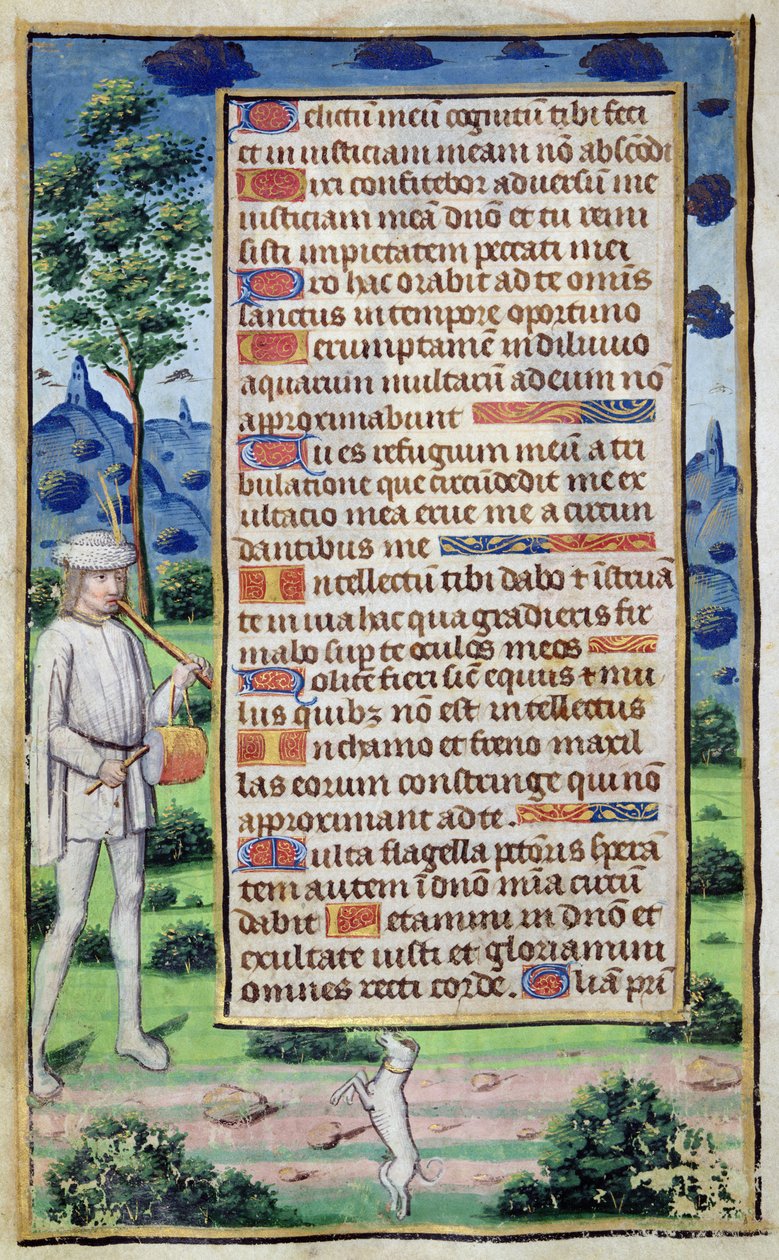 Fol.50v 'ह्यूरेस डे ल'यूसेज डी रोम' (वेल्लम) से अपने कुत्ते को नृत्य करने वाले संगीतकार के सीमा विवरण के साथ पाठ का पृष्ठ द्वारा फ्रेंच स्कूल