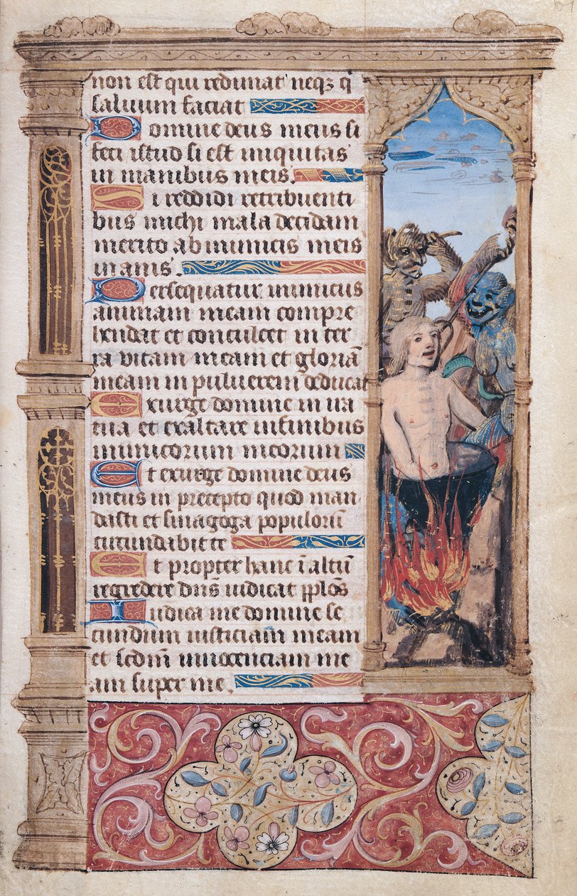 Fol.67r पाठ का पृष्ठ "हेयर्स डे ल" डे "डे" से दो राक्षसों द्वारा अत्याचार की सीमा के विस्तार के साथ द्वारा फ्रेंच स्कूल