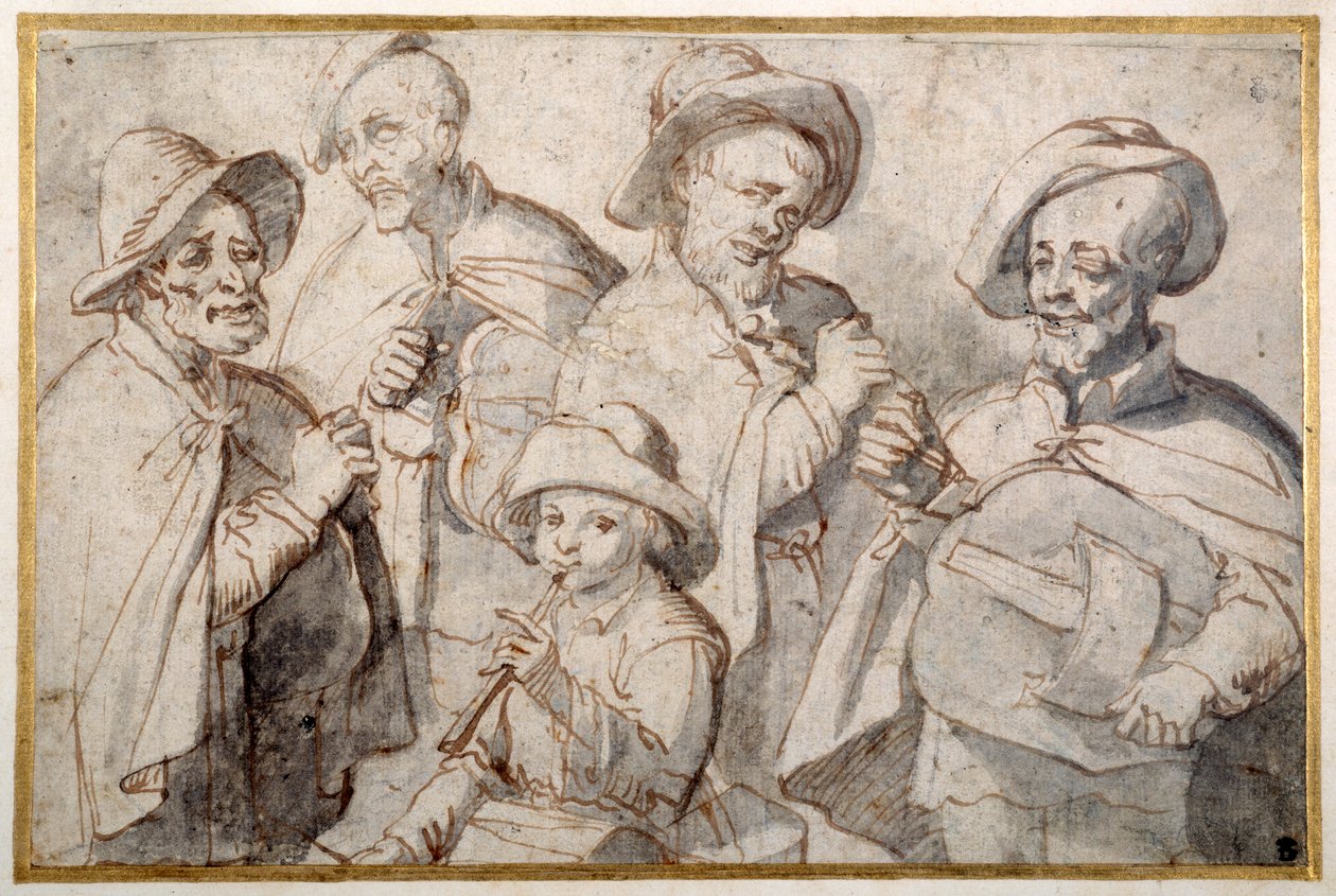 चार हर्डी-गार्डी खिलाड़ी और एक पाइप वाला लड़का, c.1650-99 (कागज पर कलम और स्याही) द्वारा फ्रेंच स्कूल