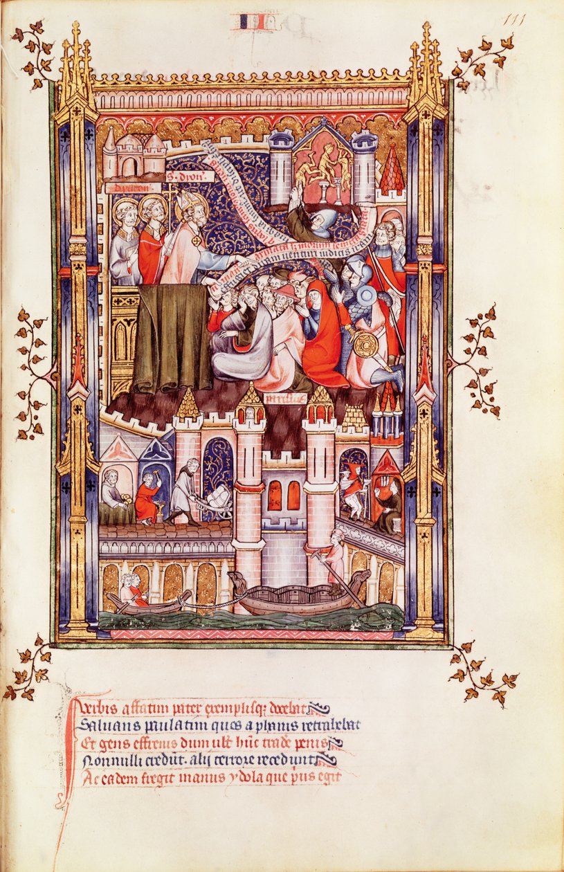 Fr 2091 fol.111 सेंट डेनिस पेरिसियों को उपदेश दे रहे हैं, जो उनकी मूर्ति मूर्ति को तोड़ते हैं, वी डे सेंट डेनिस, 1317 द्वारा फ्रेंच स्कूल