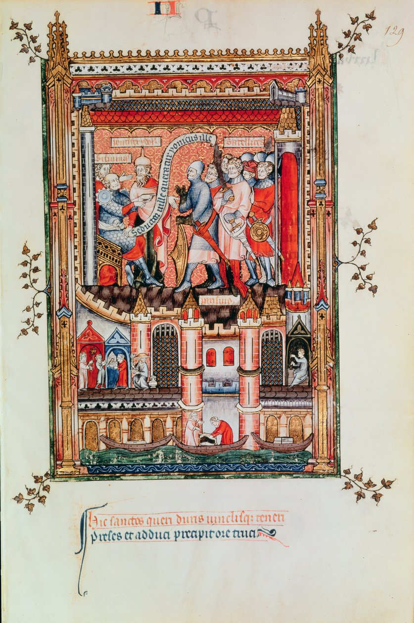 Fr 2091 fol.129 Sisinnius सेंट डेनिस और उनके साथियों को ऑर्डर देने का आदेश देते हुए, वी डे सेंट सेंट, 1317 से उनके सामने लाया। द्वारा फ्रेंच स्कूल