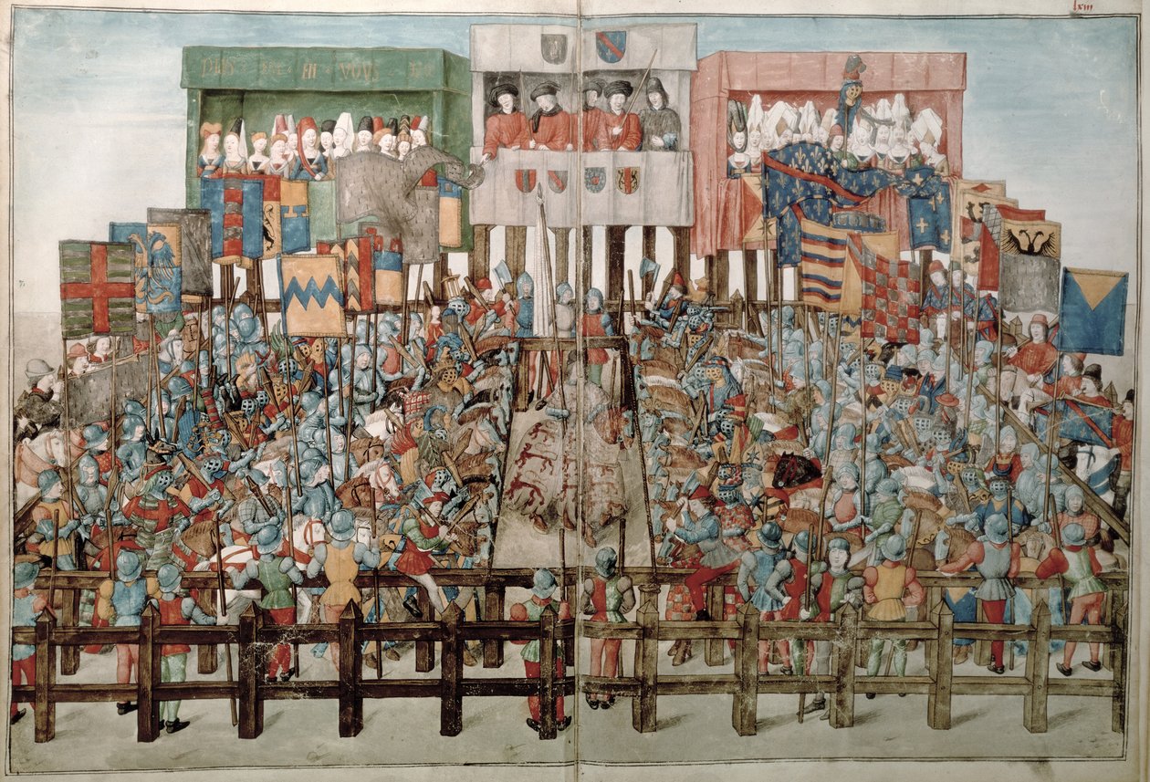 Fr 2692 f.62v-63r किंग रेने एक ख़राब टूर्नामेंट की अध्यक्षता करते हुए, Rene dAnjou के टूर्नामेंट बुक से, c.1488-89 द्वारा फ्रेंच स्कूल