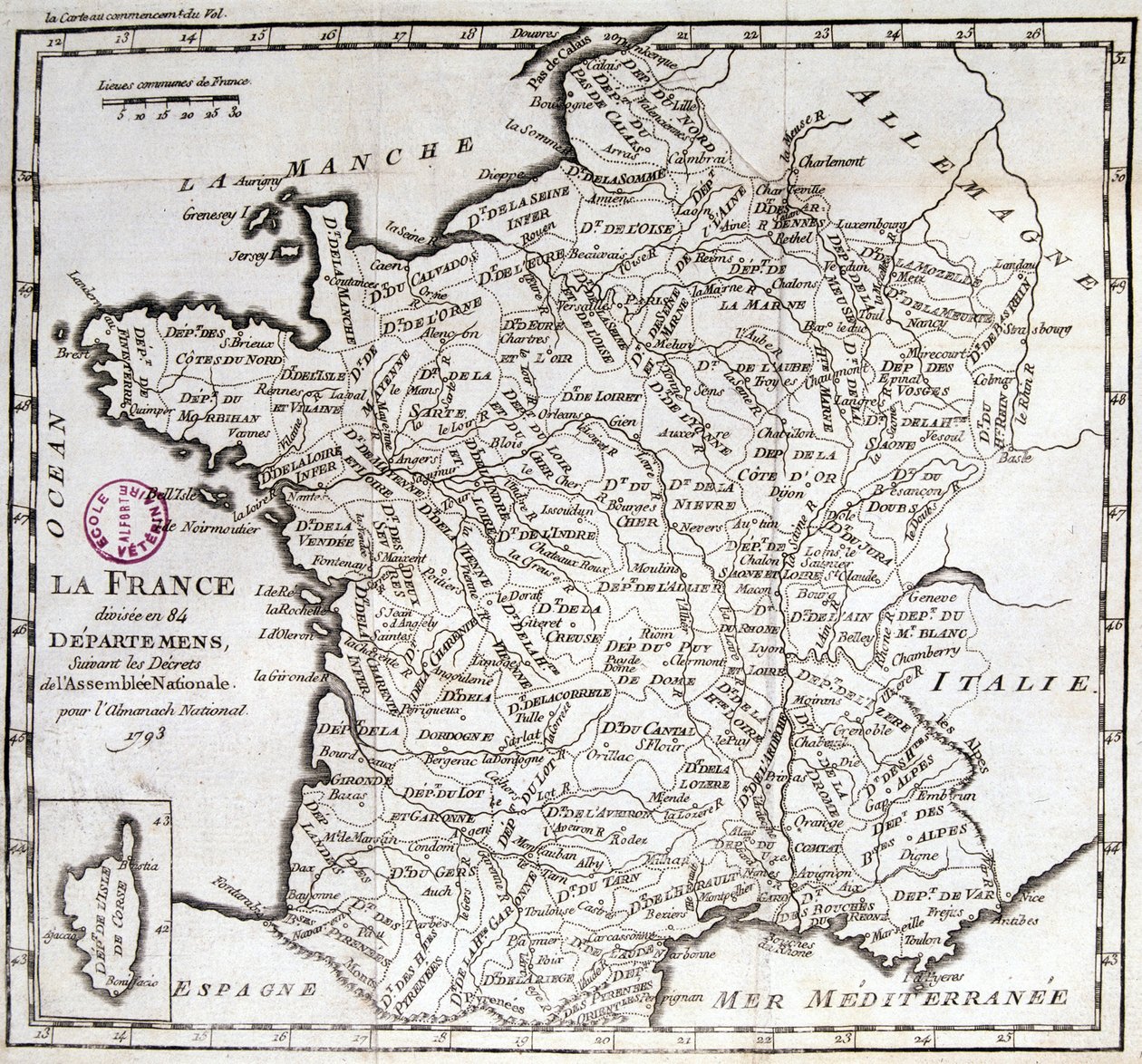 1793 की नेशनल असेंबली के फरमानों के बाद फ्रांस 84 विभागों में विभाजित हो गया द्वारा फ्रेंच स्कूल