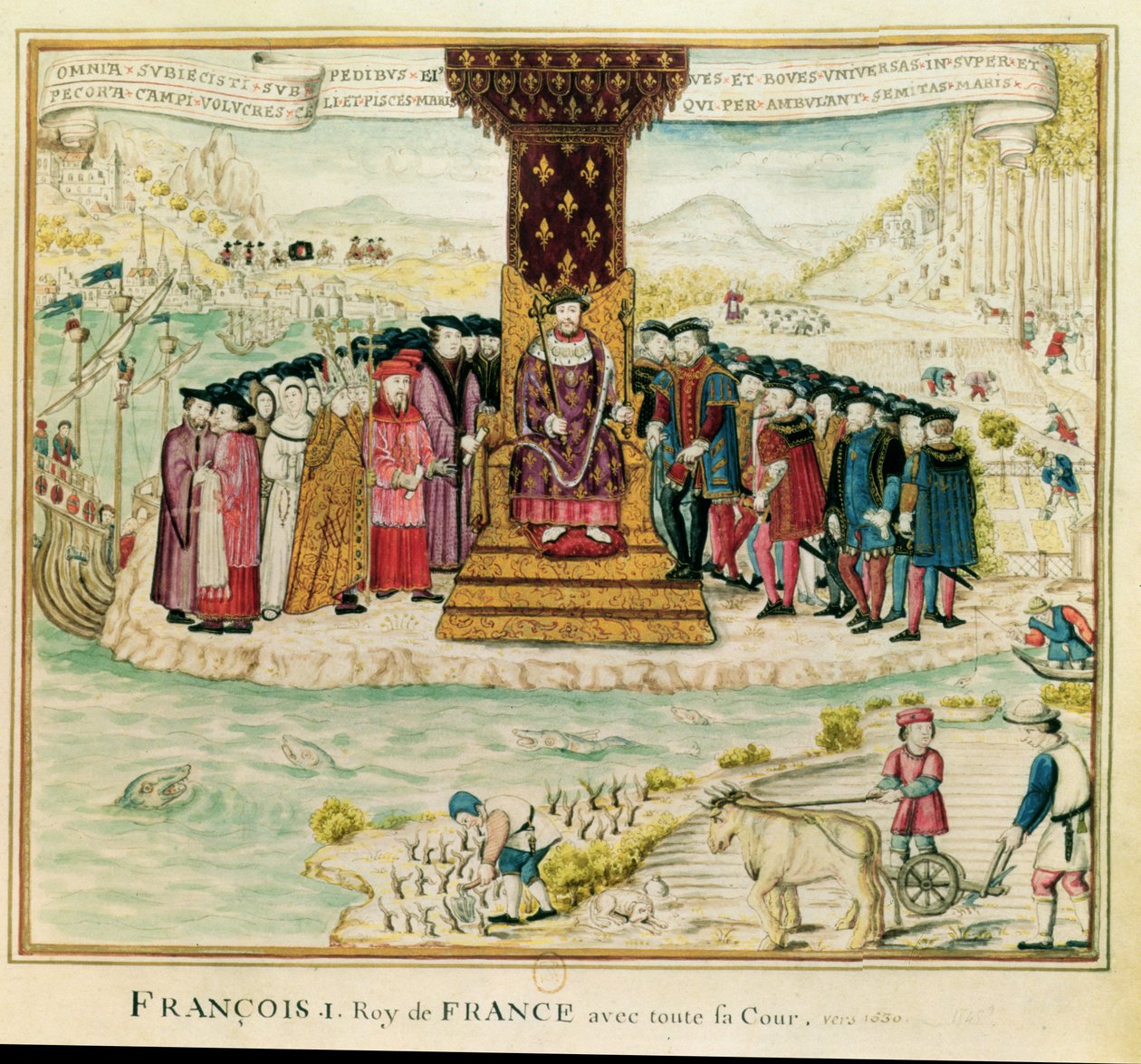 फ्रांसिस I (1494-1547) अपने न्यायालय से घिरा, c.1630 (कागज पर wc) द्वारा फ्रेंच स्कूल