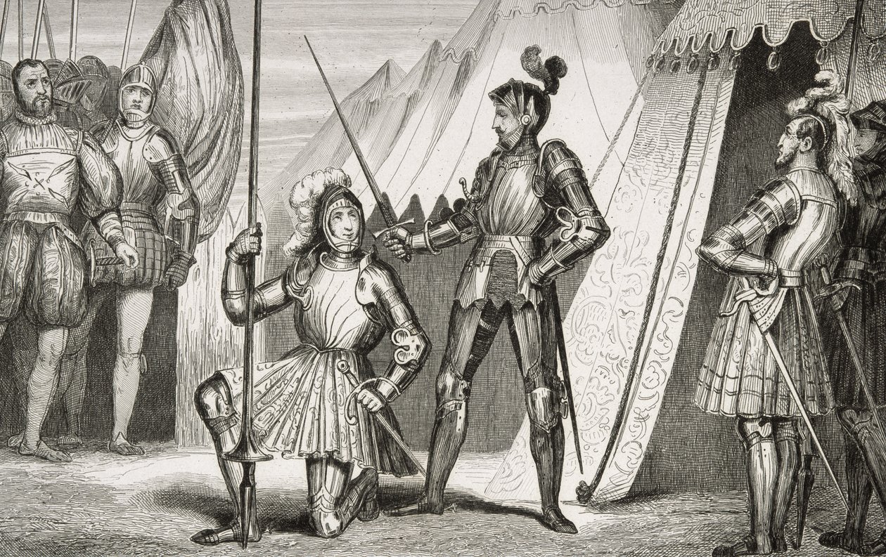 फ्रेंकोइस I (1494-1547) को कोलार्ट द्वारा &39;हिस्टोइरे डी फ्रांस&39; से मैरिग्नानो की लड़ाई के बाद कैप्टन बेयार्ड द्वारा नाइट की उपाधि दी गई, c.1840 प्रकाशित द्वारा फ्रेंच स्कूल