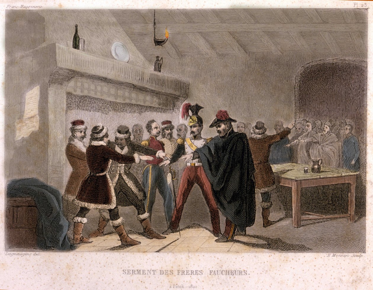 फ्रीमेसनरी: 1821 में पोटोक में भाइयों की शपथ। एफ.-टीबी क्लेव द्वारा "" सुरम्य हिस्टोइरे डे ला फ्रैंक मैकोनरी एट डेस सोसाइटीज सीक्रेट्स एंटीक एट मॉडर्न "से उत्कीर्णन। पगनेरे, संपादक। १८४३. द्वारा फ्रेंच स्कूल