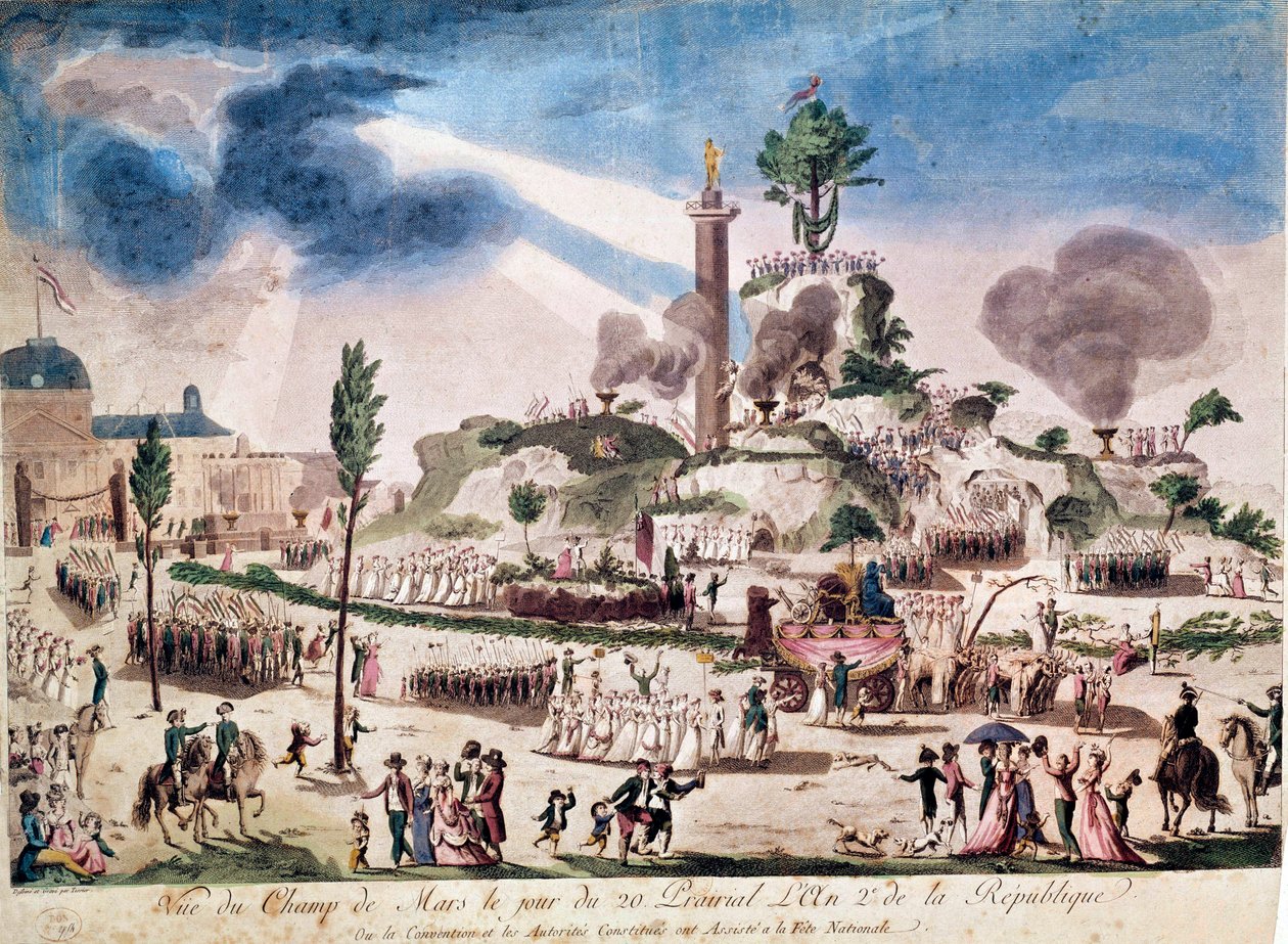 फ्रांसीसी क्रांति: 8/06/1794 को चैंप्स डी मार्स में सर्वोच्च व्यक्ति का भ्रूण (20 प्रेयरियल एन II)। अठारहवीं शताब्दी की अनाम उत्कीर्णन। द्वारा फ्रेंच स्कूल