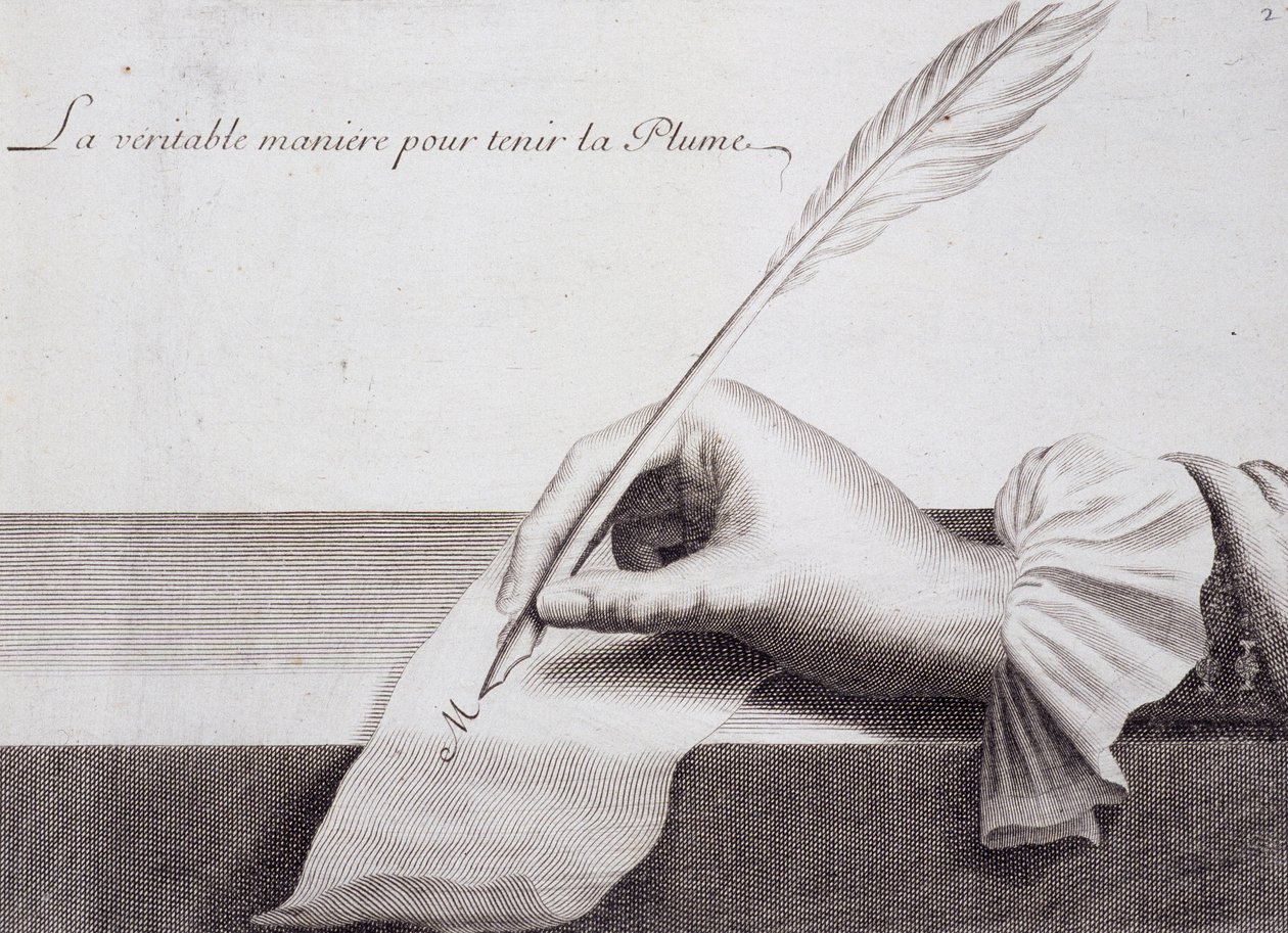 फ्रेंच सुलेख: "" L'escriture financiere प्रतिनिधि dans sa naifvete"", 1652 के आसपास लुई सेनॉल्ट द्वारा कलम की पकड़ को दर्शाते हुए उत्कीर्णन। द्वारा फ्रेंच स्कूल