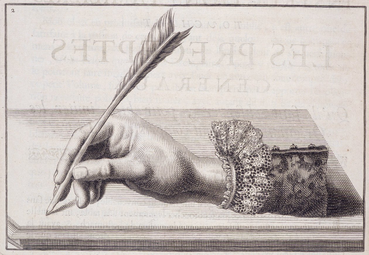 फ्रेंच सुलेख: "" L'escriture financire प्रतिनिधि dans sa naifvete"", 1652 के आसपास लुई सेनॉल्ट द्वारा कलम को पकड़े हुए चित्रण करते हुए उत्कीर्णन। द्वारा फ्रेंच स्कूल