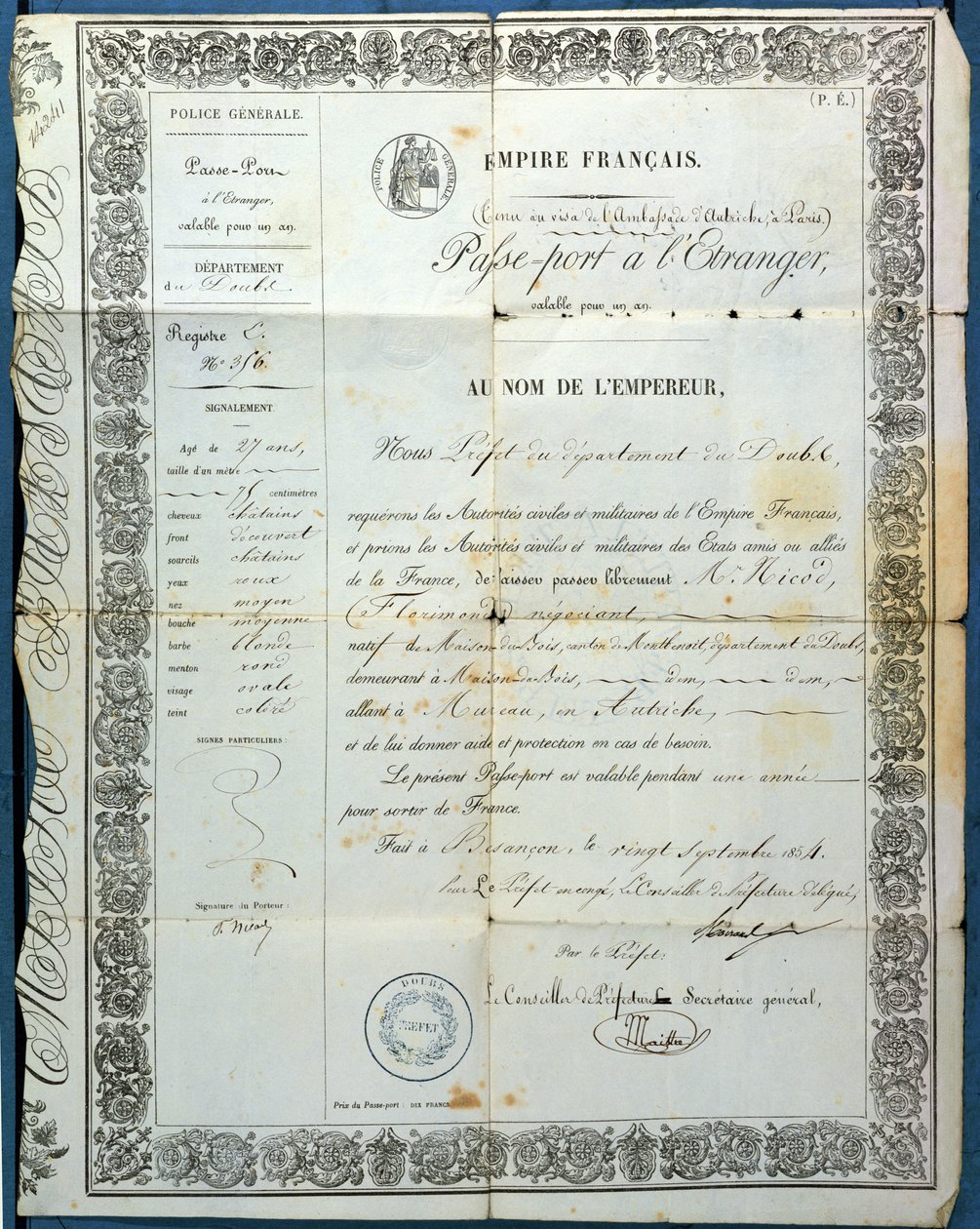 20 सितंबर 1854 को बेसनकॉन से फ्रांसीसी पासपोर्ट द्वारा फ्रेंच स्कूल