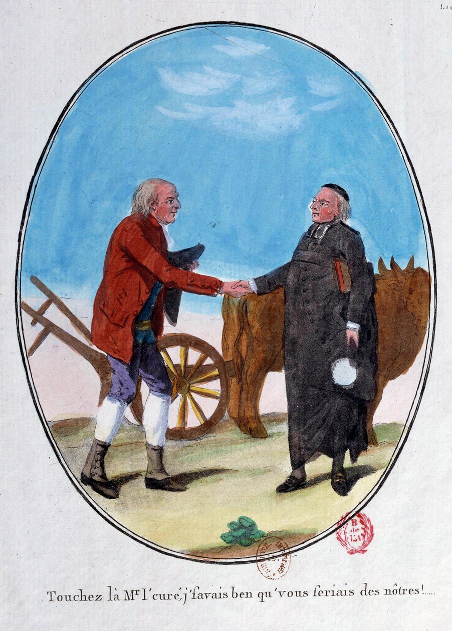 फ्रांसीसी क्रांति: एक किसान और एक पुजारी हाथ मिलाते हैं। "सज्जन को छुओ, मुझे पता था कि तुम हम में से एक हो।" 18 वीं शताब्दी के अंत से कार्टून उत्कीर्णन। पेरिस, शस्त्रागार का पुस्तकालय द्वारा फ्रेंच स्कूल