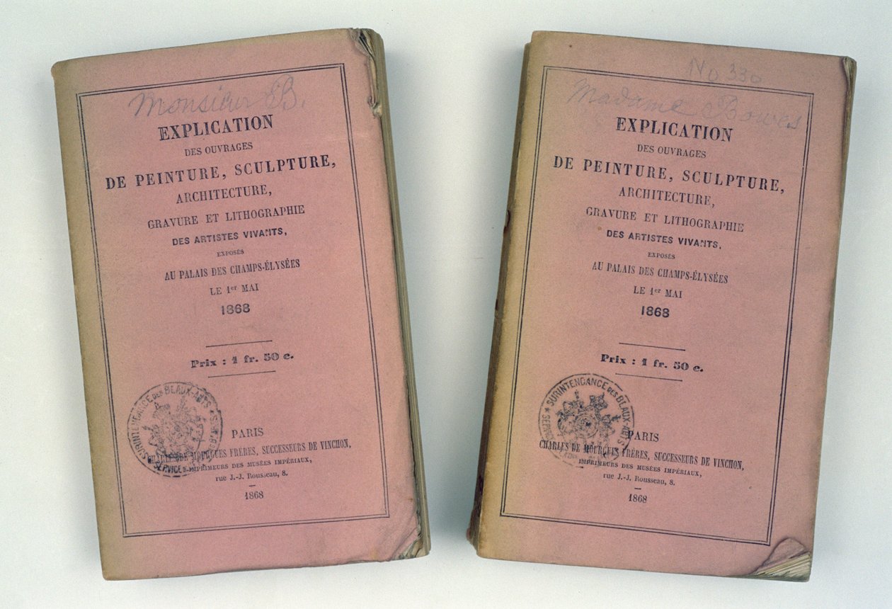 1868 में मिस्टर एंड मिसेज बोवे को दिए गए दो फ्रेंच सैलून कैटलॉग के फ्रंट कवर द्वारा फ्रेंच स्कूल