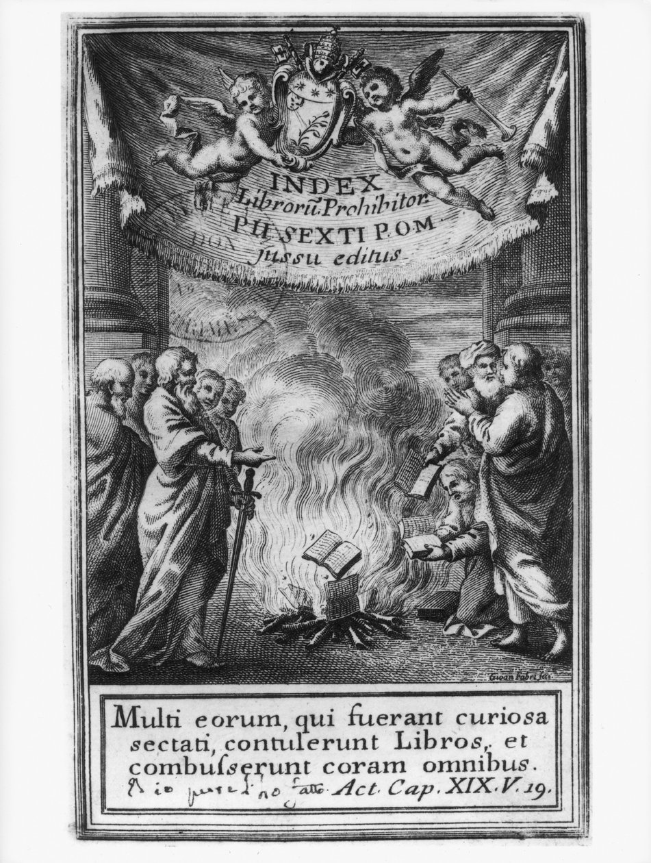 किताबें Prohibitorum सूचकांक के frontispiece एक ऑटो दा फ़े, 1786 का चित्रण द्वारा फ्रेंच स्कूल