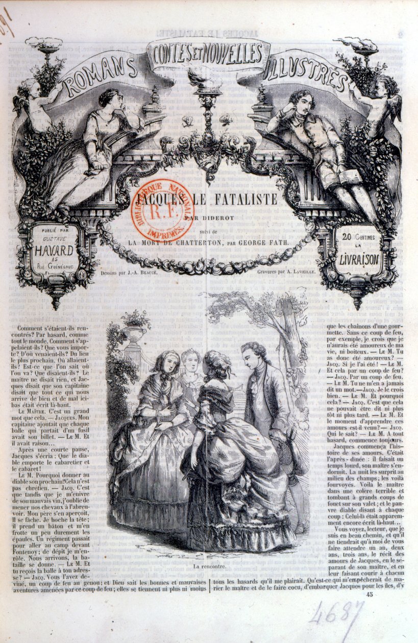1849 में पेरिस में प्रकाशित होने वाले ड्राइडोट द्वारा जैक्स ले फैटलिस्ट के उपन्यासों और कहानियों के संग्रह की फ्रंटशीप द्वारा फ्रेंच स्कूल