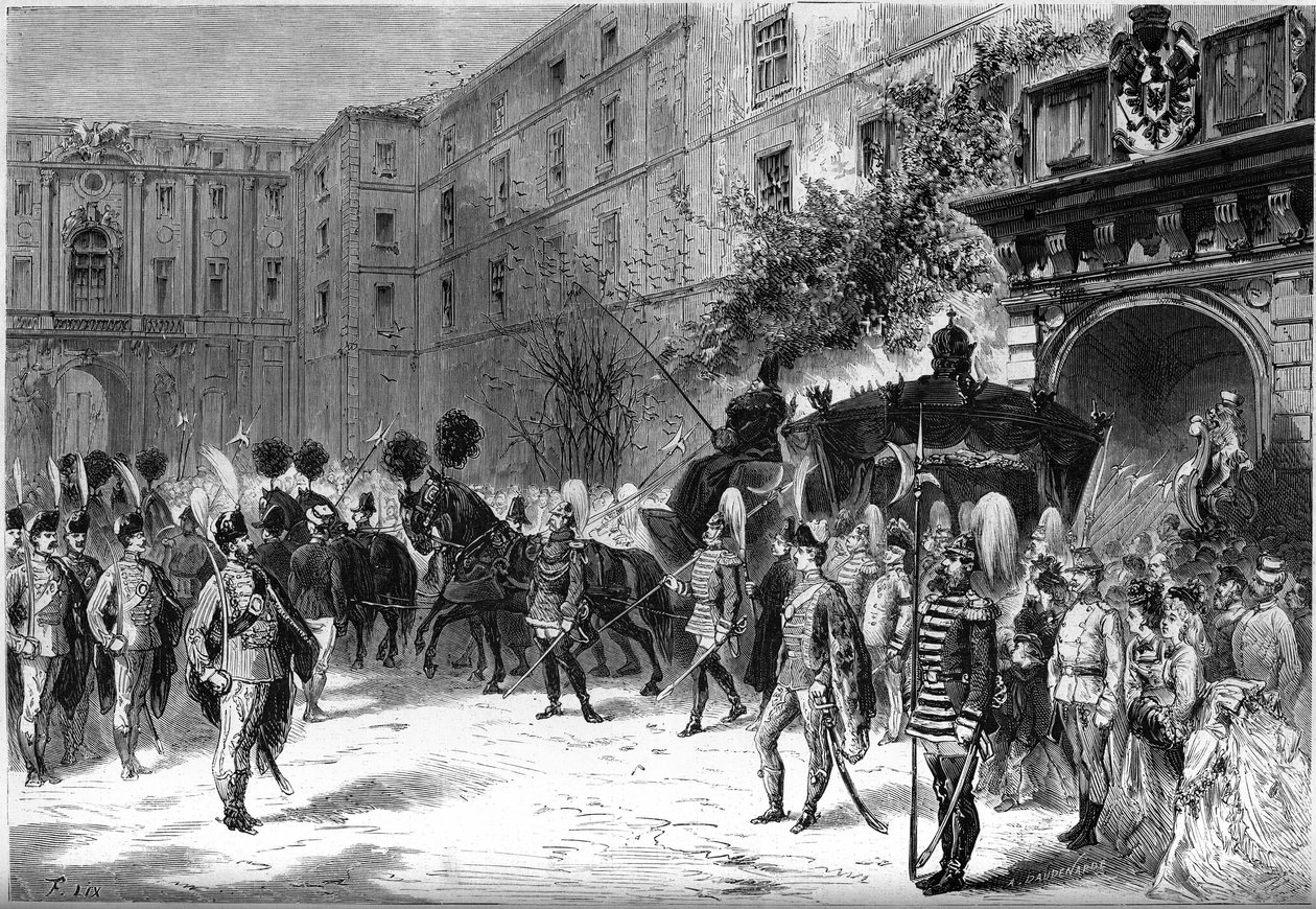 ऑस्ट्रियन इम्प्रेस कैरोलीन ऑगस्टा (1792-1873) का अंतिम संस्कार: वियना की गलियों में अंतिम संस्कार मंडल से अपवित्रता द्वारा फ्रेंच स्कूल