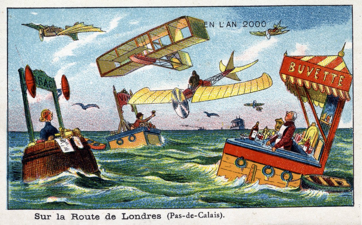 फ्यूचरडेज़: ए उन्नीसवीं सेंचुरी विज़न ऑफ़ द ईयर 2000 - सीरीज़ "" एन एल'ईयर 2000": लंदन के रास्ते पर, फ्लोटिंग शॉप्स और व्यक्तिगत हवाई परिवहन - विलेमार्ड द्वारा क्रोमोलिथोग्राफी द्वारा फ्रेंच स्कूल