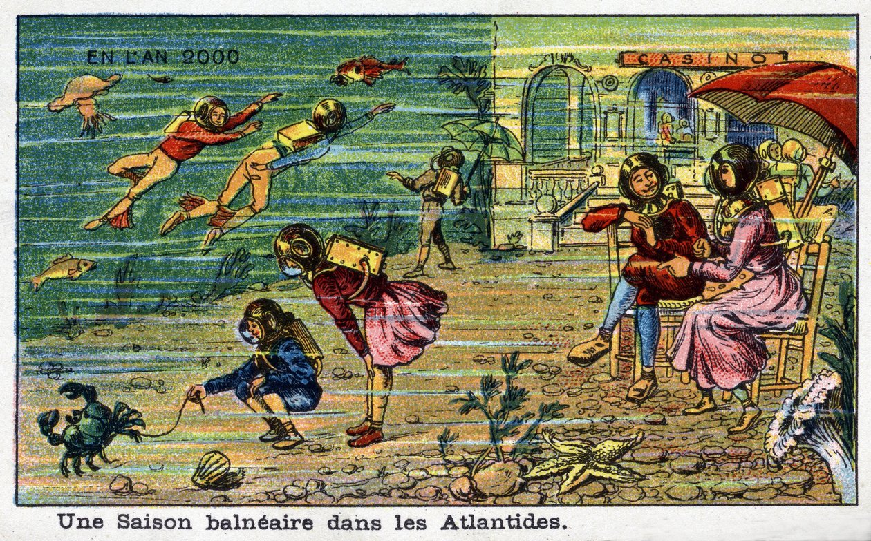 फ्यूचरडेज़: ए उन्नीसवीं सेंचुरी विज़न ऑफ़ द ईयर 2000 - सीरीज़ "" इन द ईयर 2000": अटलांटिस में एक सीसाइड सीज़न। विलेमार्ड द्वारा क्रोमोलिथोग्राफी द्वारा फ्रेंच स्कूल