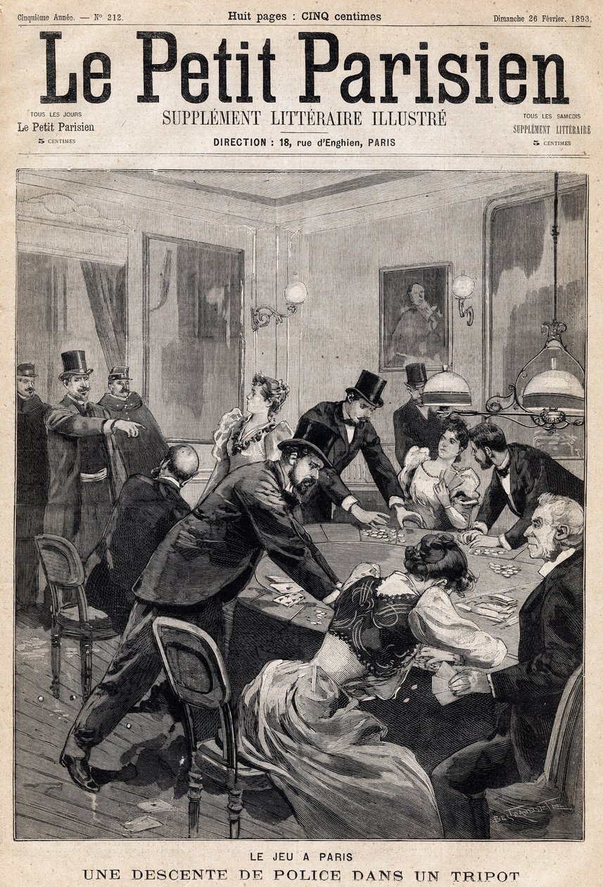 पेरिस में गेम हाउस: पुलिस ने एक जुआ क्लब (कैसीनो) में छापा मारा। 26/02/1893 को "ले पेटिट पेरिसियन" समाचार पत्र में से एक (उत्कीर्णन) द्वारा फ्रेंच स्कूल