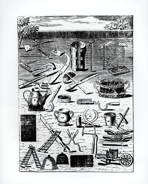 लुइस लीगर डी'ऑक्सेरे (1658-1717) द्वारा 'द फ्लावर गार्डनर' से गार्डन इम्प्लीमेंट्स, 1787 में प्रकाशित (उत्कीर्णन) (बी/डब्ल्यू फोटो) द्वारा फ्रेंच स्कूल