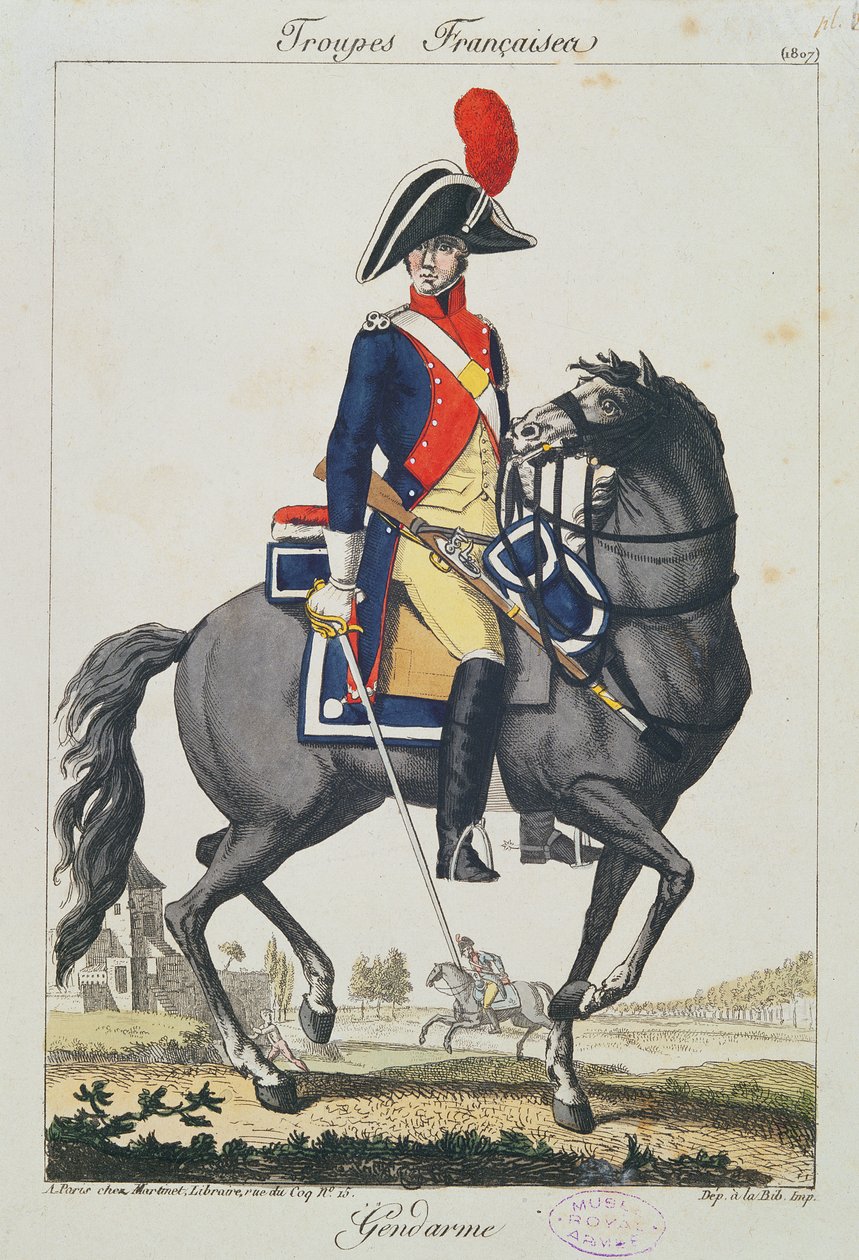 Gendarme एक घोड़े पर चढ़कर, 1807 (रंग उत्कीर्णन) द्वारा फ्रेंच स्कूल