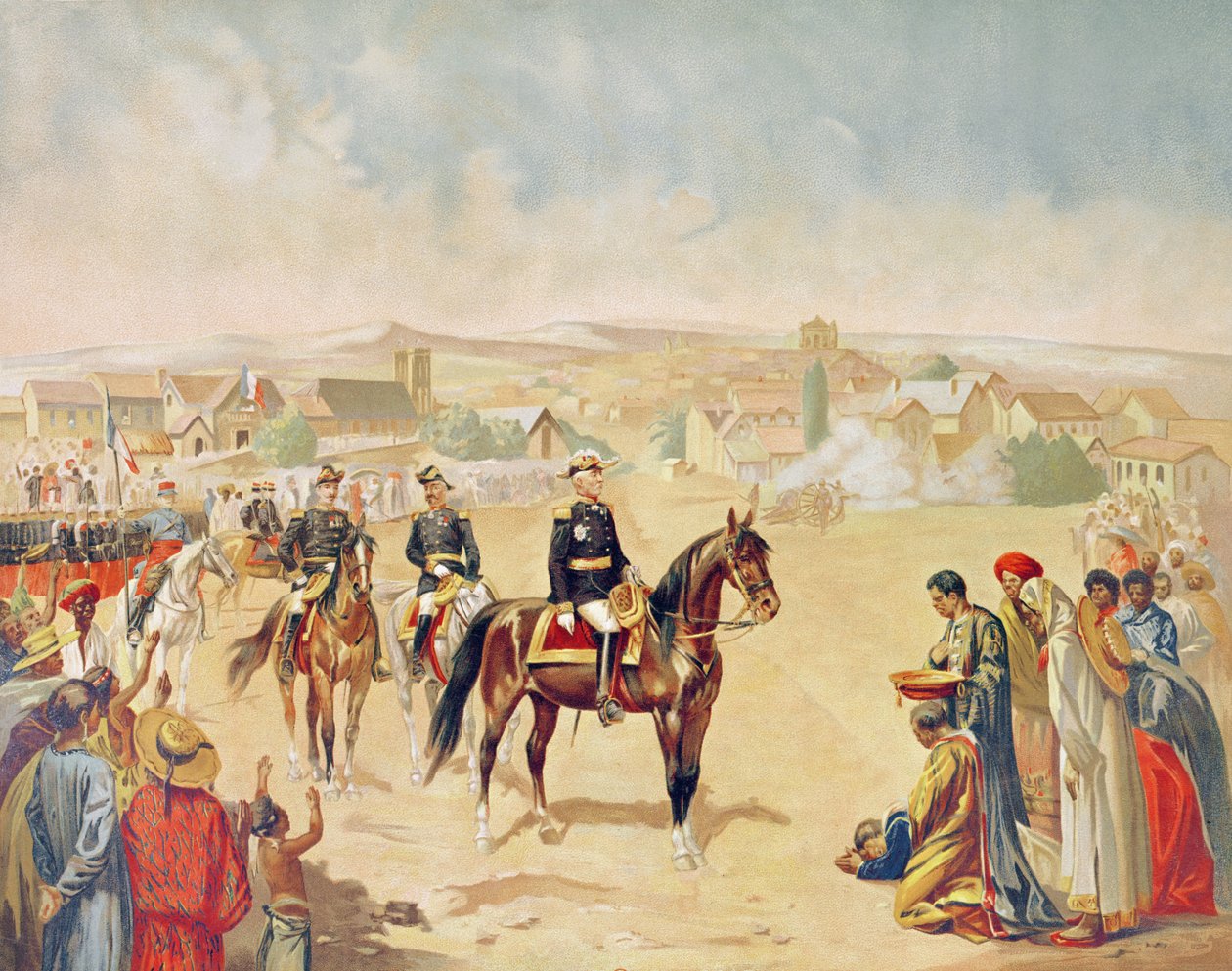 जनरल जैक्स अचीले दुचेस्ने (1837-1918) तानानारिव, मेडागास्कर में प्रवेश करते हुए, 1 अक्टूबर 1895 (रंगीन उत्कीर्णन) द्वारा फ्रेंच स्कूल