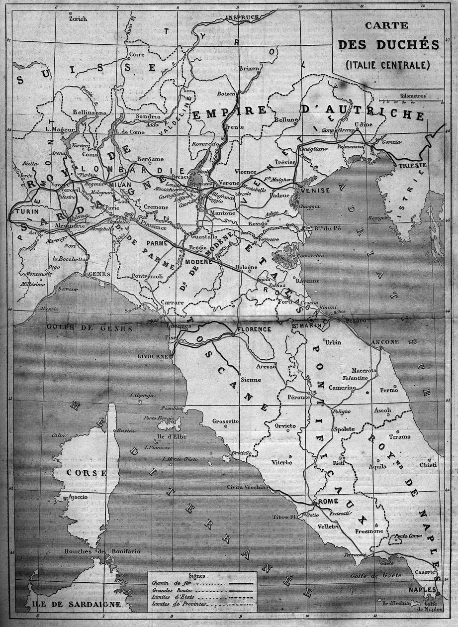 1860 में मध्य इटली के डचेस का भौगोलिक मानचित्र। 7 जनवरी 1860 के n°143 में "" ले मोंडे इलस्ट्र्रे" में उत्कीर्णन। द्वारा फ्रेंच स्कूल