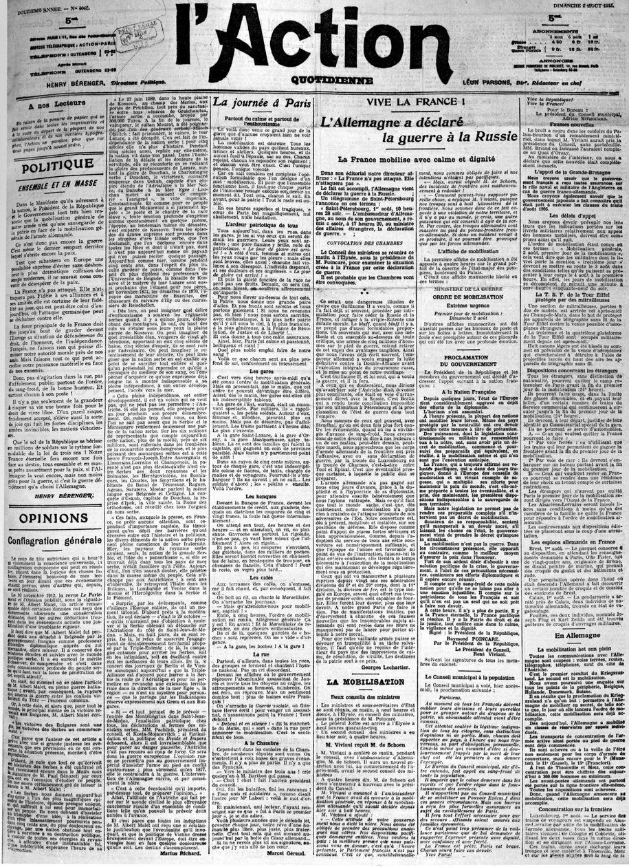जर्मनी ने रूस पर युद्ध की घोषणा की - 02/08/1914 के दैनिक "एल'एक्शन" का मुख्य पृष्ठ, फोटोग्राफ, कोल। सेल्वा द्वारा फ्रेंच स्कूल