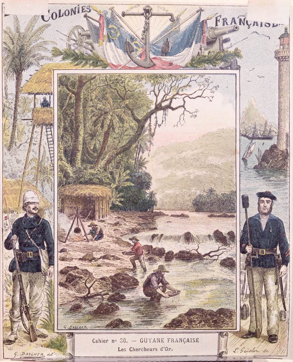 फ्रेंच गयाना में गोल्ड डिगर, स्कूल व्यायाम पुस्तक का कवर, c.1880 द्वारा फ्रेंच स्कूल