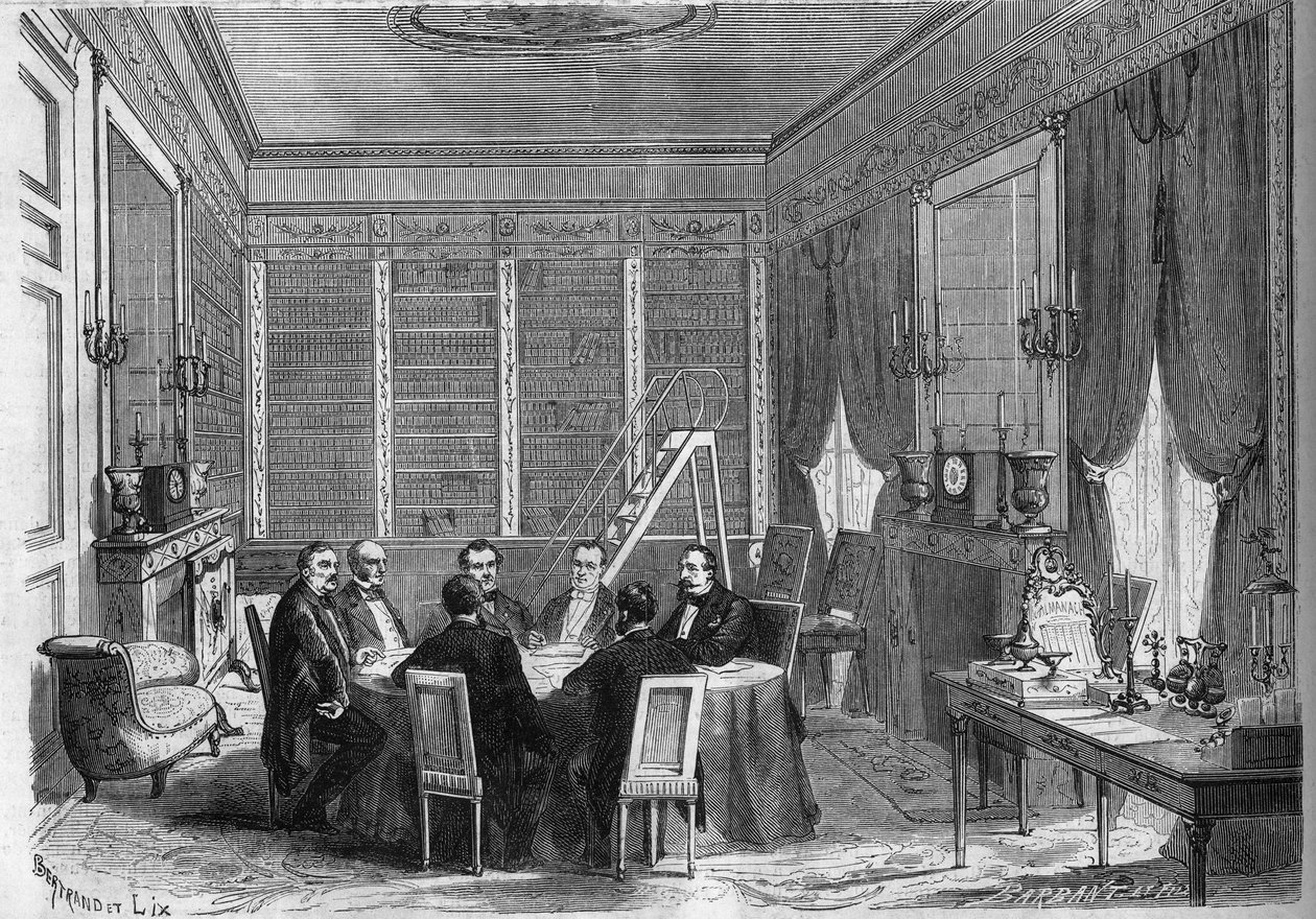 द्वितीय साम्राज्य की सरकार: सम्राट नेपोलियन III (1808-1873) की अध्यक्षता में मंत्रिपरिषद का आयोजन पैलेस ऑफ कॉम्पिएग्ने के पुस्तकालय में हुआ द्वारा फ्रेंच स्कूल