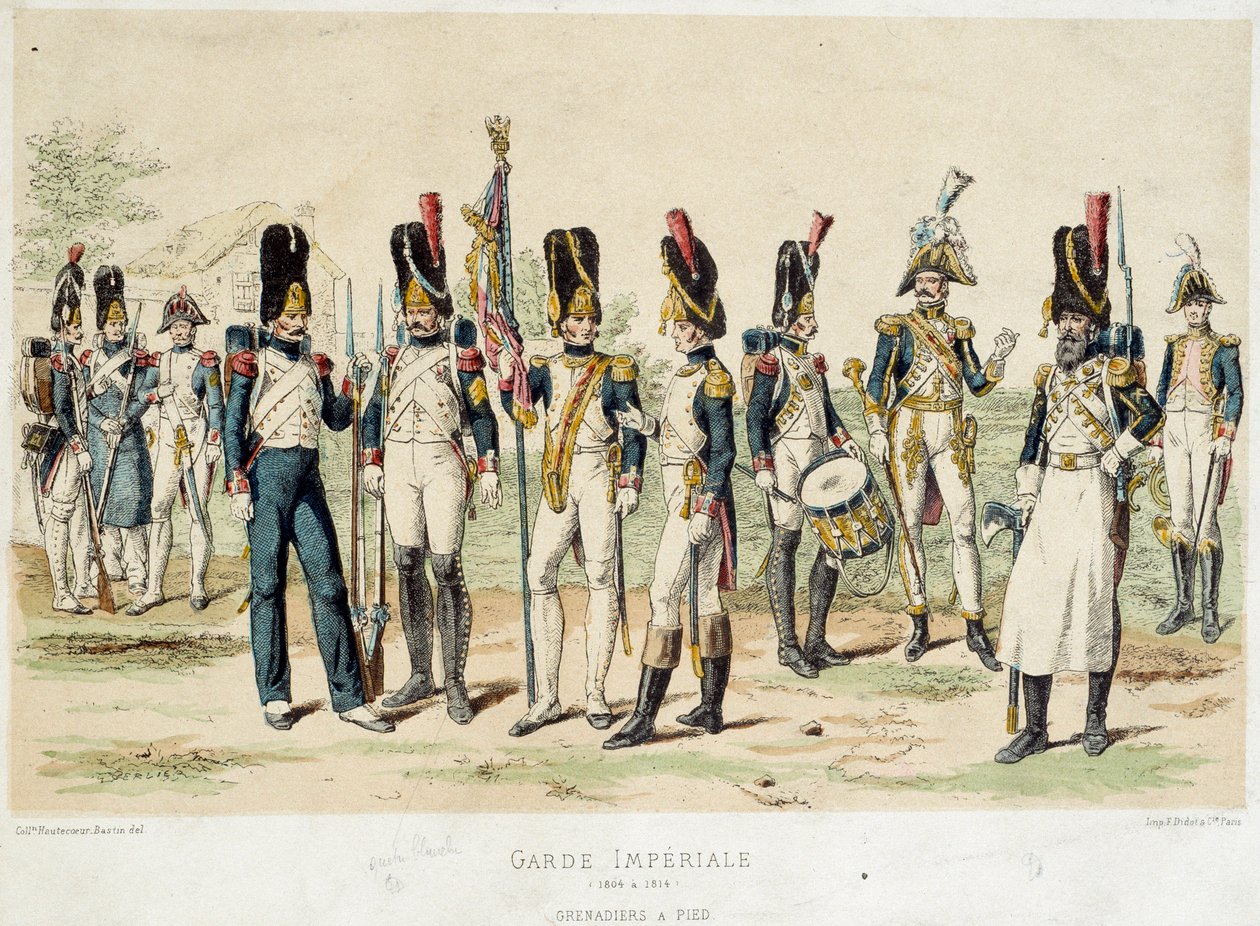 ग्रेनेडियर्स नेपोलियन I के इंपीरियल गार्ड का एक पैर (1804 और 1814 के बीच)। 19वीं सदी की नक्काशी। पेरिस, सजावटी कला द्वारा फ्रेंच स्कूल
