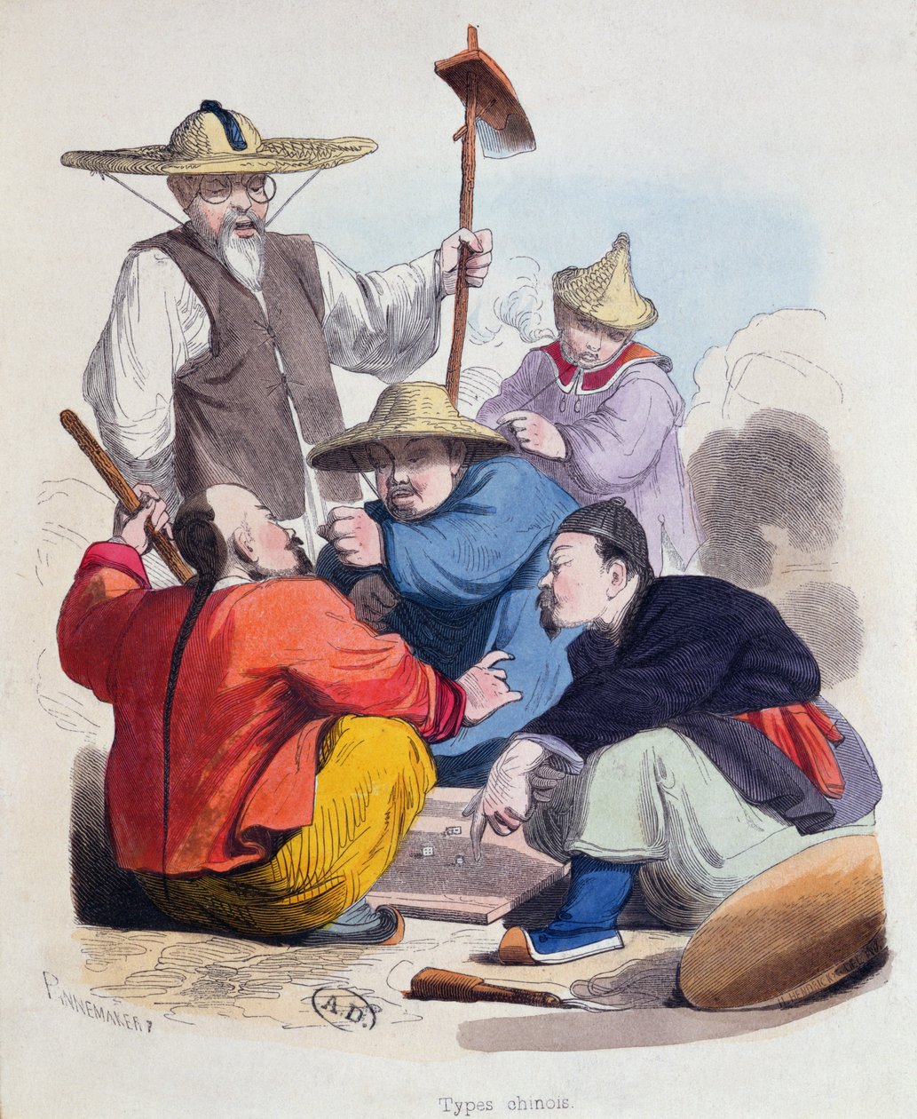 पासा खेलने वाले चीनी पुरुषों का समूह, c.1850 (रंग उत्कीर्णन) द्वारा फ्रेंच स्कूल