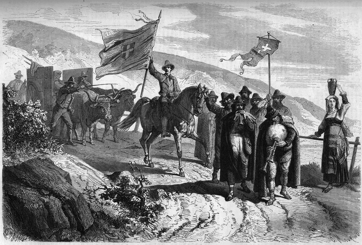 पवित्र सप्ताह के अवसर पर "पिफेरारी" (इटली से भिखारी और चलने वाले संगीतकार) का समूह अब्ब्रुज़ो प्रांत को नेपल्स के लिए छोड़ रहा है। 2 अप्रैल के "" ले मोंडे इलस्ट्र्रे"" n°364 में उत्कीर्णन द्वारा फ्रेंच स्कूल