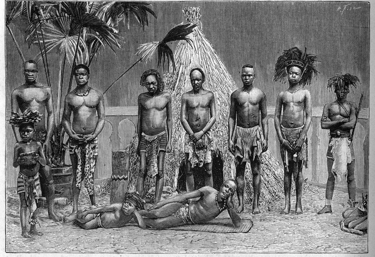 1889 के विश्व प्रदर्शनी (मानव चिड़ियाघर) के दौरान पेरिस में प्रदर्शित अंगोलन मंडली के पुरुषों का समूह। द्वारा फ्रेंच स्कूल