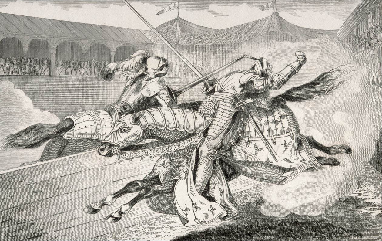 हेनरी II (1519-59) अपनी बेटी की शादी के जश्न के दौरान एक झटके में जख्मी हो गया, जिसे कोलार्ट द्वारा &39;हिस्टीर डी फ्रांस&39; से प्रकाशित किया गया था। द्वारा फ्रेंच स्कूल