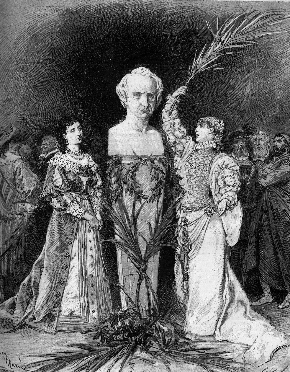 हेनरीट रोजिन बर्नार्ड ने "हर्नानी" नाटक की पचासवीं वर्षगांठ के अवसर पर विक्टर ह्यूगो (1802-1885) की प्रतिमा के सामने फ्रेंकोइस कोपी द्वारा "द बैटल ऑफ हर्नानी" का पाठ करते हुए सारा बर्नहार्ट (1844-1923) को बुलाया। पेरिस, कॉमेडी फ़्रैन्का द्वारा फ्रेंच स्कूल