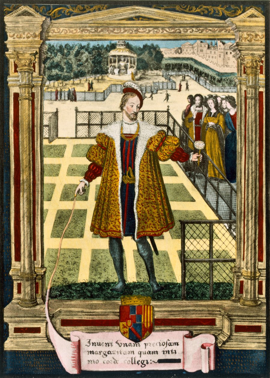 हेनरी dAlbret (1503-55), नवरे के राजा ने मार्गुएराइट के लिए एक मार्गुएराइट फूल पेश किया, राजा फ्रेंकोइस की बहन, जिनसे उन्होंने 1527 में शादी की द्वारा फ्रेंच स्कूल