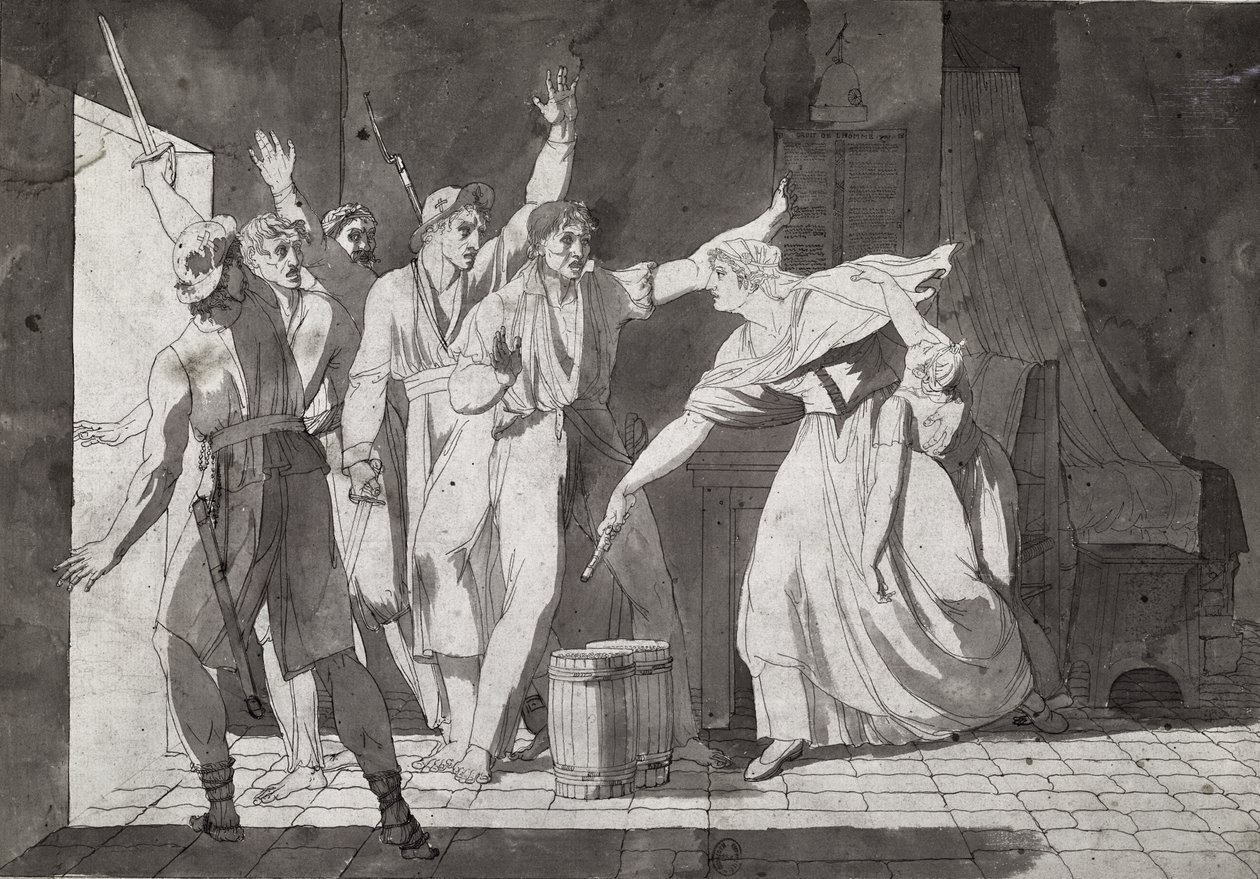 वेंडियन लुटेरों का सामना करने वाली एक महिला की वीरता, संत-मिथियर, 1793 का नियंत्रण हासिल करना द्वारा फ्रेंच स्कूल