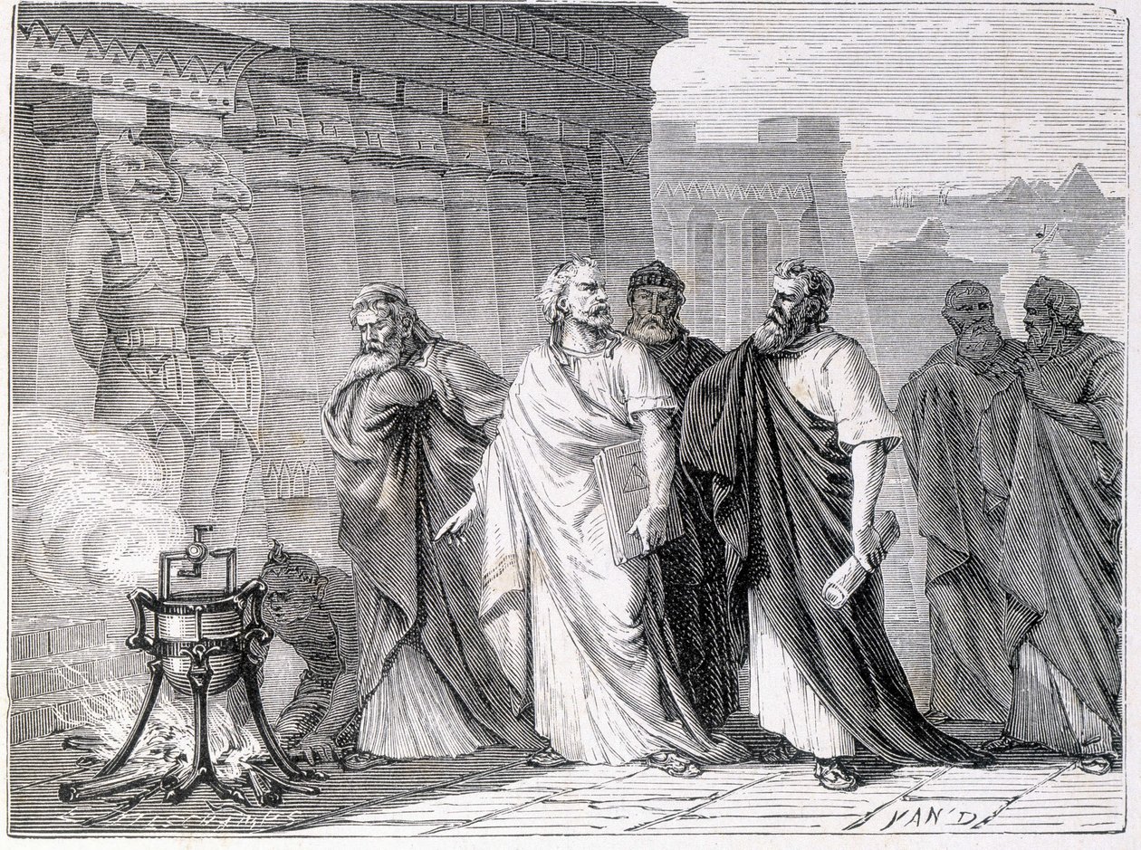 "एल्बम ऑफ साइंस" में अलेक्जेंड्रिया स्कूल के विद्वानों के सामने हेरॉन ने इओलिपाइल (आंशिक रूप से पानी से भरा हुआ जो आग पर रखा गया था) का अनुभव करता है; प्रसिद्ध वैज्ञानिक; महान खोजें ”” ”1896। द्वारा फ्रेंच स्कूल