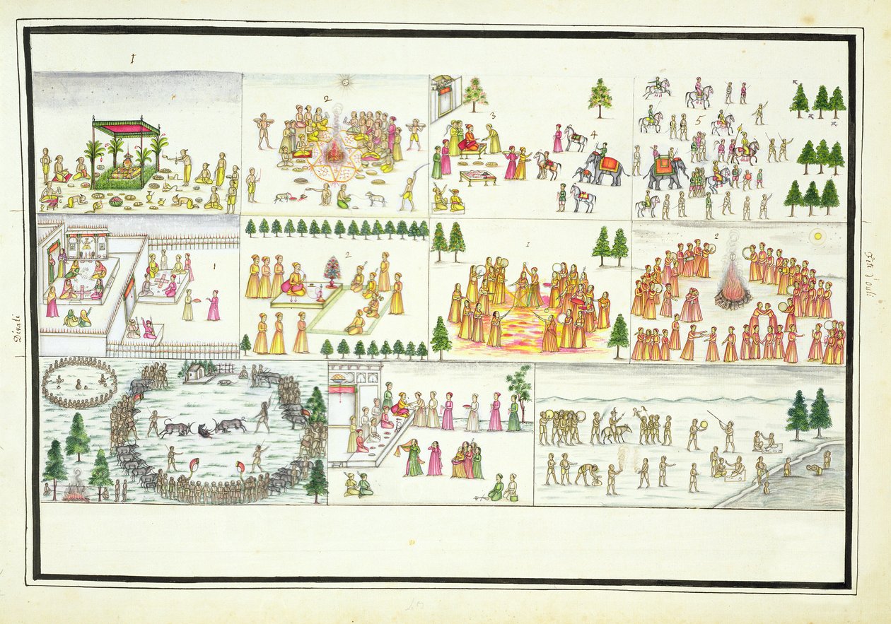 1774 में प्रकाशित द जेंटिल एल्बम से दशहरा, दिवाली और होली सहित हिंदू त्यौहार द्वारा फ्रेंच स्कूल