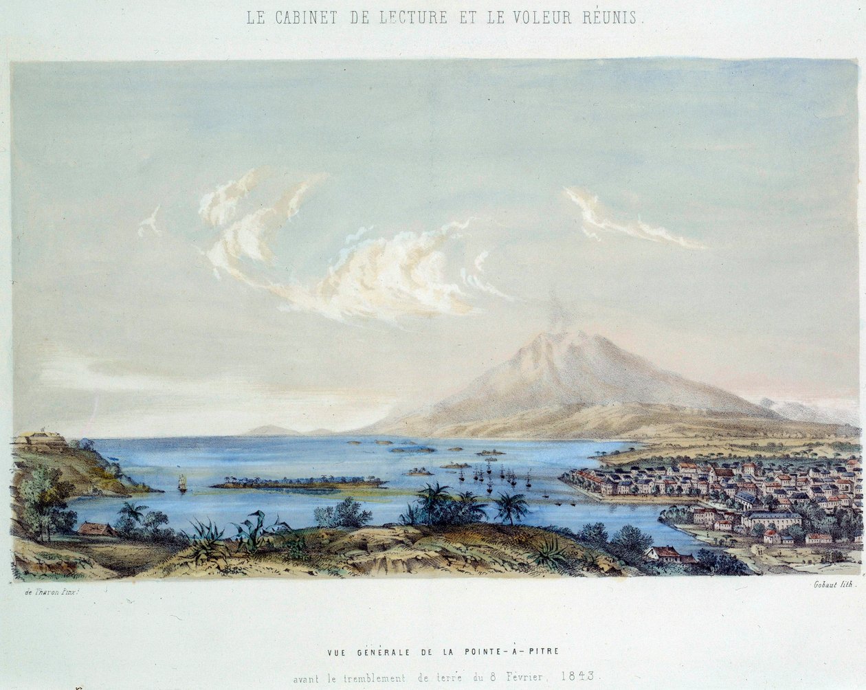 फ्रांसीसी उपनिवेशों का इतिहास: 8/02/1843 के भूकंप से पहले गुआदेलूप (एंटिल्स) में पॉइंट ए पित्रे (प्वाइंट-ए-पित्रे) का सामान्य दृश्य द्वारा फ्रेंच स्कूल