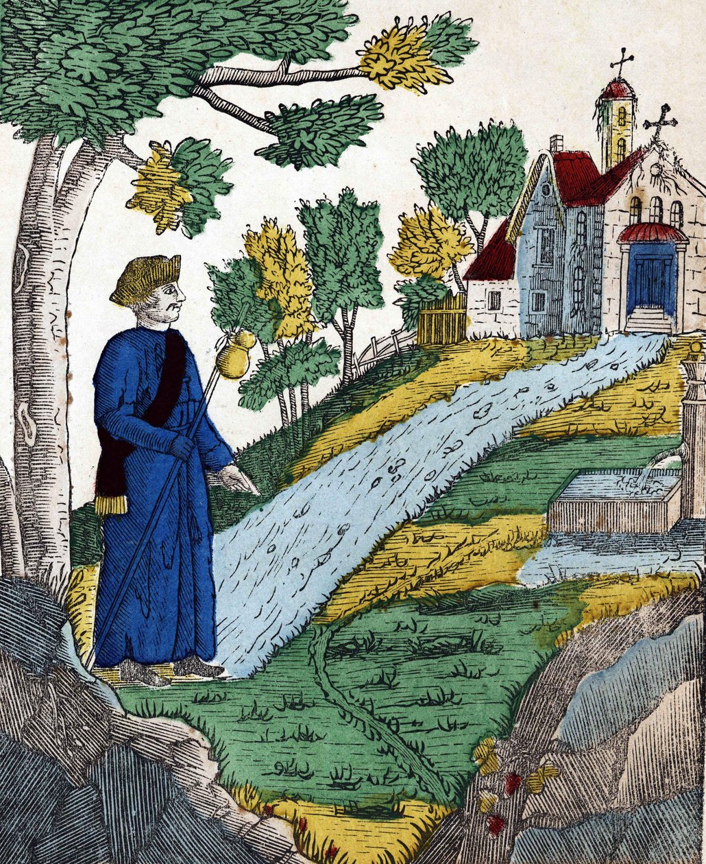 अयमोन के चार पुत्रों का इतिहास; मौगिस, शारलेमेन को कैदी बनाने के बाद, वहाँ तपस्या करने के लिए एक आश्रम में गए, 19 वीं शताब्दी की रीढ़ की छवि। द्वारा फ्रेंच स्कूल