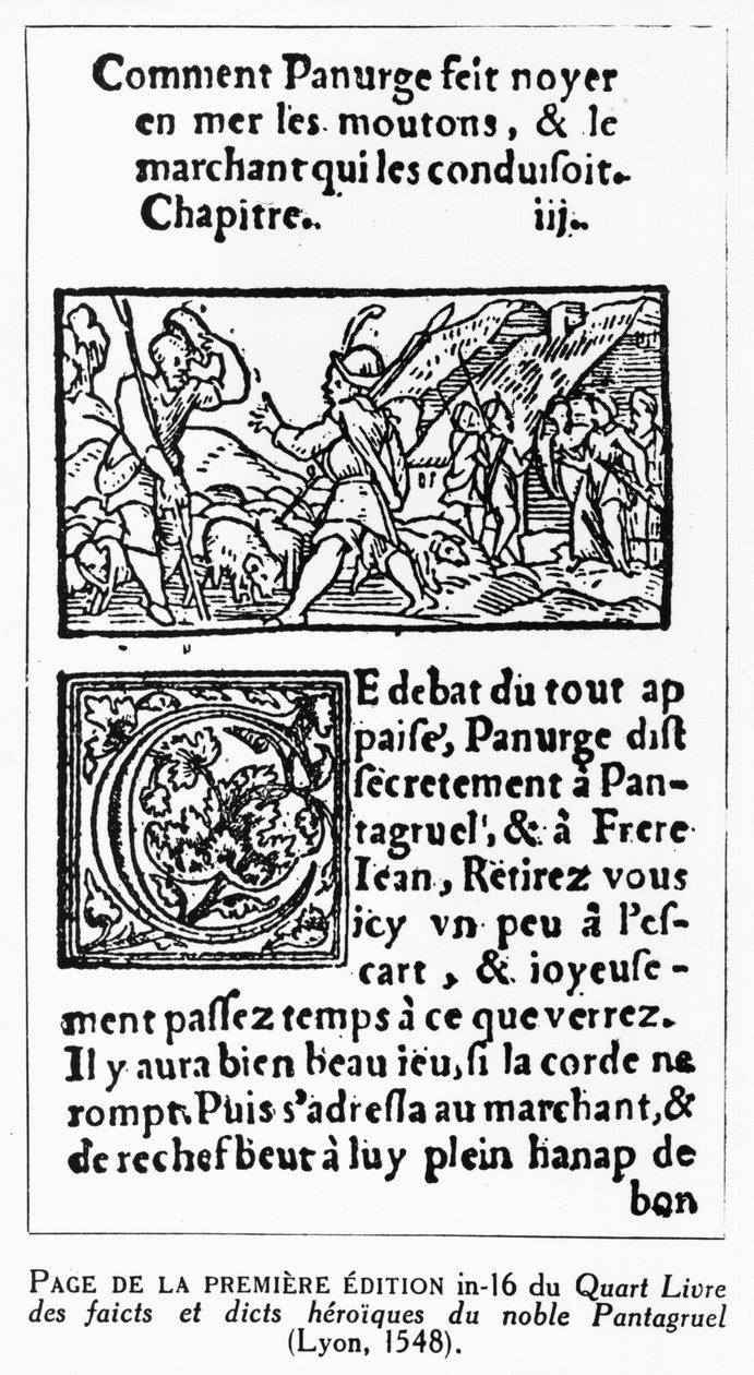फ्रेंकोइस रबेलिस (1494-1553) 1548 संस्करण के पुनरुत्पादन &39;क्वार्ट लिवरे&39; से &39;हाउ पैनॉर ड्रग द भेड़&39; द्वारा फ्रेंच स्कूल