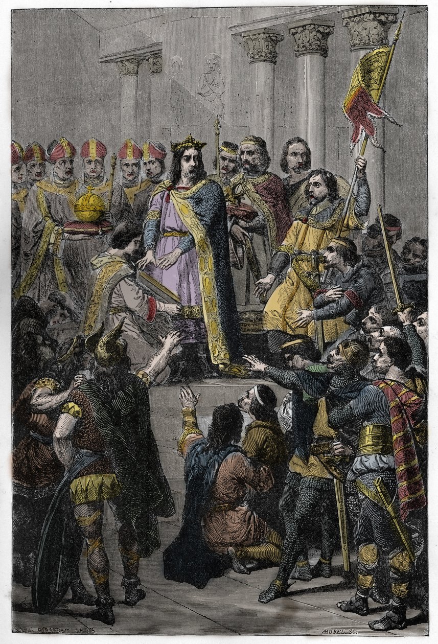 ह्यूग कैपेट ने राजा चुना - ह्यूग्स कैपेट का राज्याभिषेक (ca. 941-996), फ्रांस के राजा, 3 जुलाई, 987 को नोयोन में, एडलबेरोन (ca. 925-990), रिम्स के आर्कवेक द्वारा। द्वारा फ्रेंच स्कूल