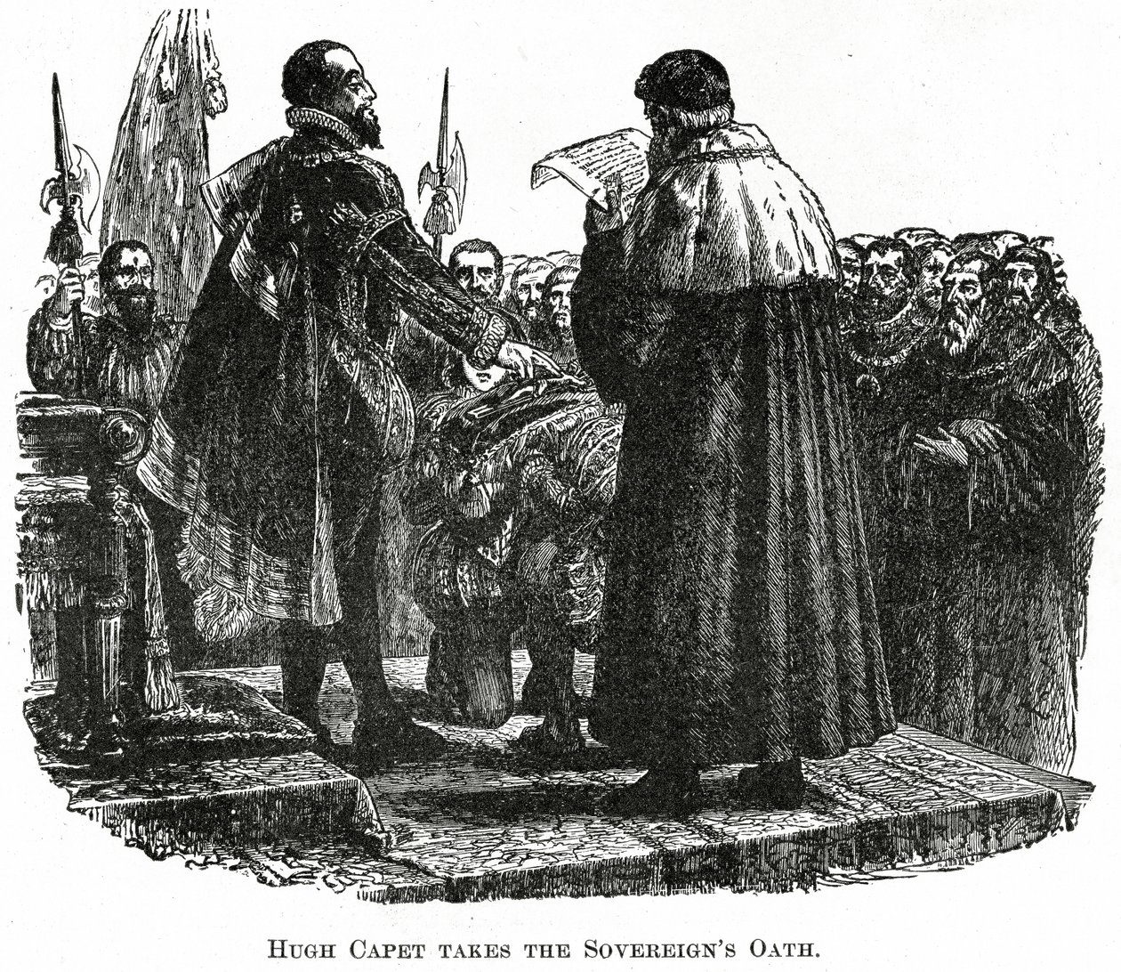 ह्यूग Capet शपथ लेता है, c.1882 (लकड़ी उत्कीर्णन) द्वारा फ्रेंच स्कूल