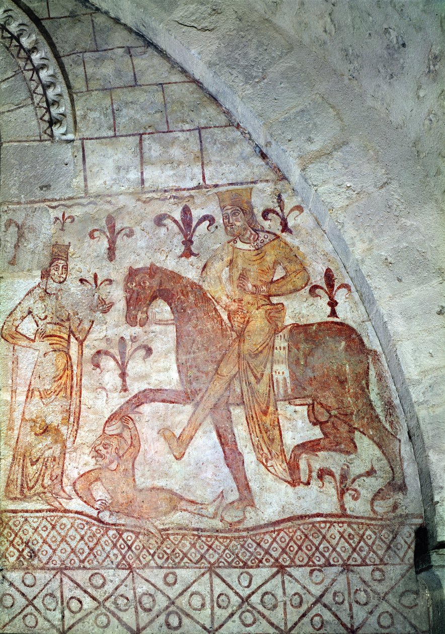 ह्यूजेस IX (c.1163-1219) सीरिया में नूर अल-दीन (1116-74) को हराकर लुसिगनैन (दीवार पेंटिंग) द्वारा फ्रेंच स्कूल