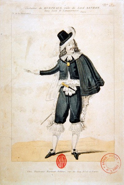 गेटानो डोनिज़ेट्टी (1797-1848) (रंग उत्कीर्णन) द्वारा ओपेरा लूसी डे लम्मेरूर में लॉर्ड एनरिको एश्टन की भूमिका में हर्ट्को द्वारा फ्रेंच स्कूल