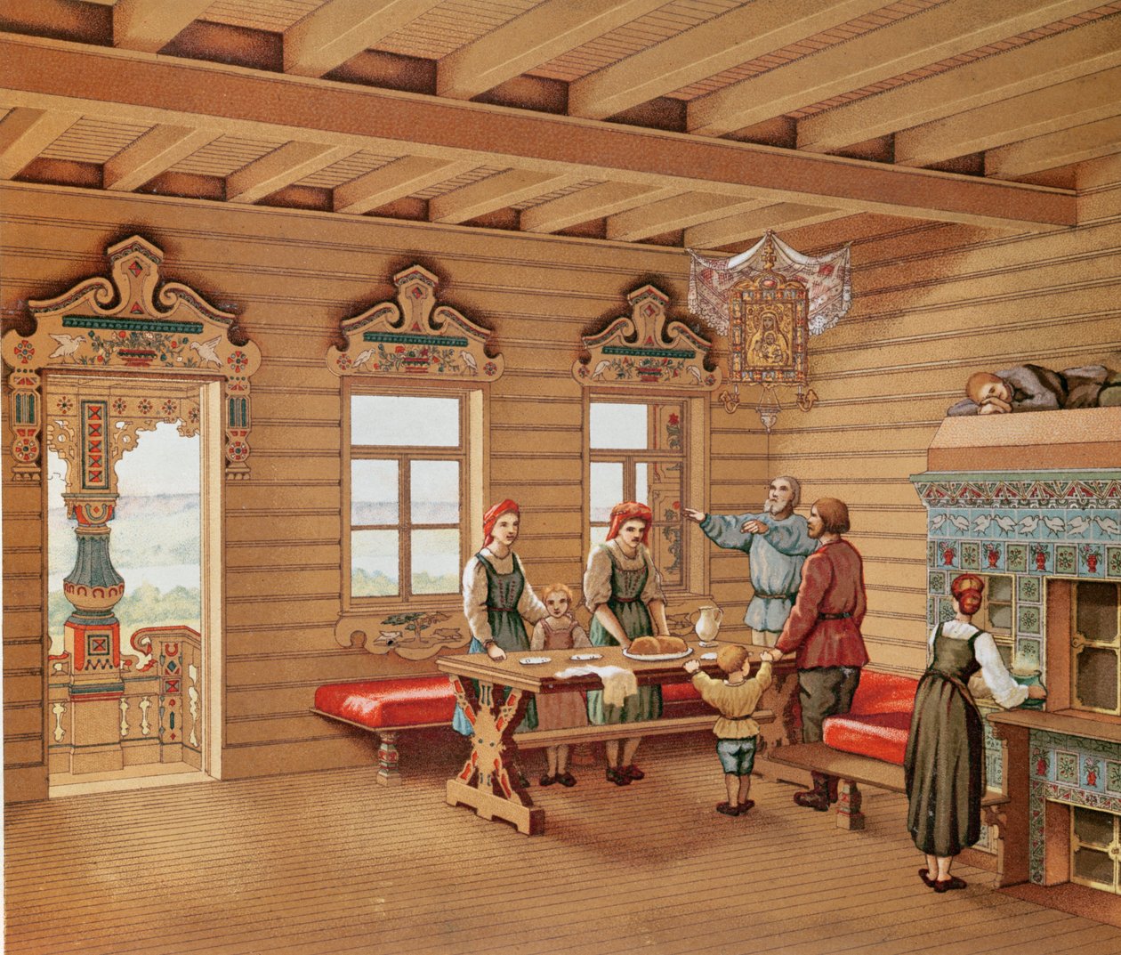 एक रूसी izba का आदर्श इंटीरियर, c.1880 (रंग उत्कीर्णन) द्वारा फ्रेंच स्कूल